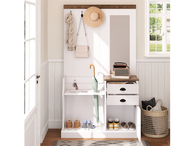  Meubles d'entrée avec miroir, 2 tiroirs, porte et crochets pour entrée, blanc et bois, 110,5 × 38 × 191 cm  - Conforama C