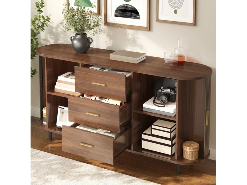  Buffet de salon avec 3 tiroirs, portes coulissantes, 160x40x80,5 cm, mdf noyer  - Conforama D