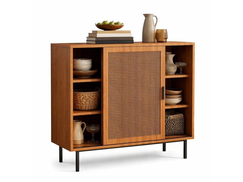  Buffet bas en bois d'ingénierie noyer avec 2 portes coulissantes et étagères réglables, style campagne, 100 x 37 x 90 cm  - Conforama A
