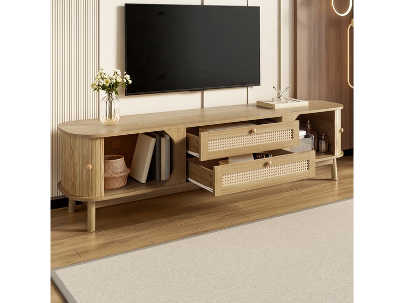  Meuble tv bois massif et rotin naturel 170 cm avec portes coulissantes et tiroirs, style rustique  - Conforama R