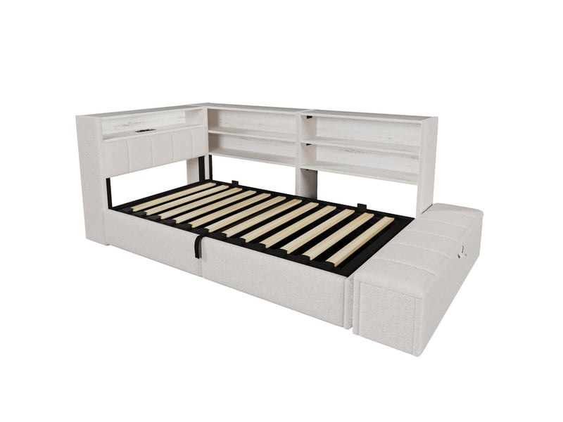  Canapé-lit, 90 x 200 cm, mécanisme hydraulique, prise électrique, élément de rangement latéral, sans matelas, velours, blanc  - Conforama A