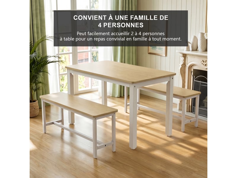  Ensemble table et bancs - 110x60x76 cm - set repas 3 pièces style scandinave et cadre métal - bois clair et blanc  - Conforama D