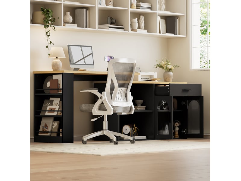  Îlot de cuisine fixe avec plateau pivotant à 360 degrés, 2 portes vitrées, tiroir et étagères, 136 × 50 × 78 cm  - Conforama D