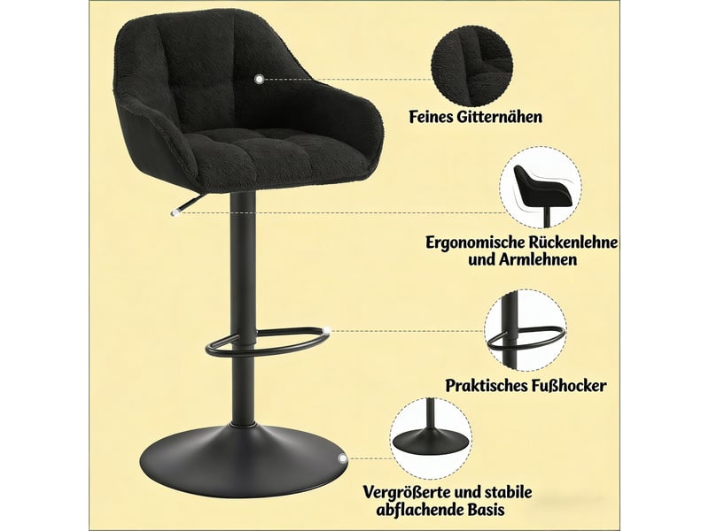  Tabourets de bar lot de 2 réglables 360° - lpospi - dossier, assise rembourrée, chenille et velours côtelé - noir  - Conforama E