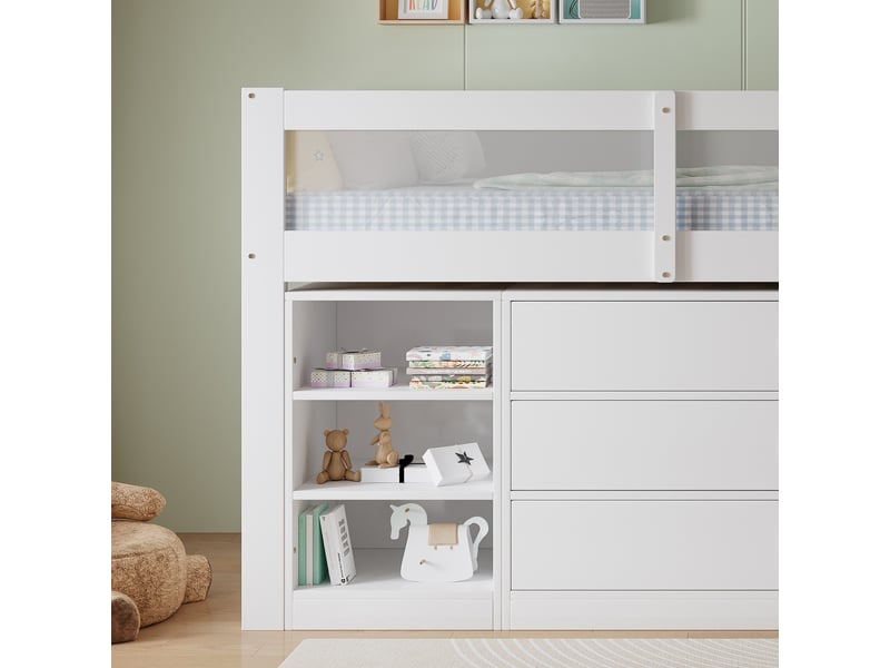  Lit mezzanine enfant 90x200 cm - avec échelle - avec 3 tiroirs et des compartiments de rangement ouverts - bois massif + mdf - blanc (sans matelas)  - Conforama R