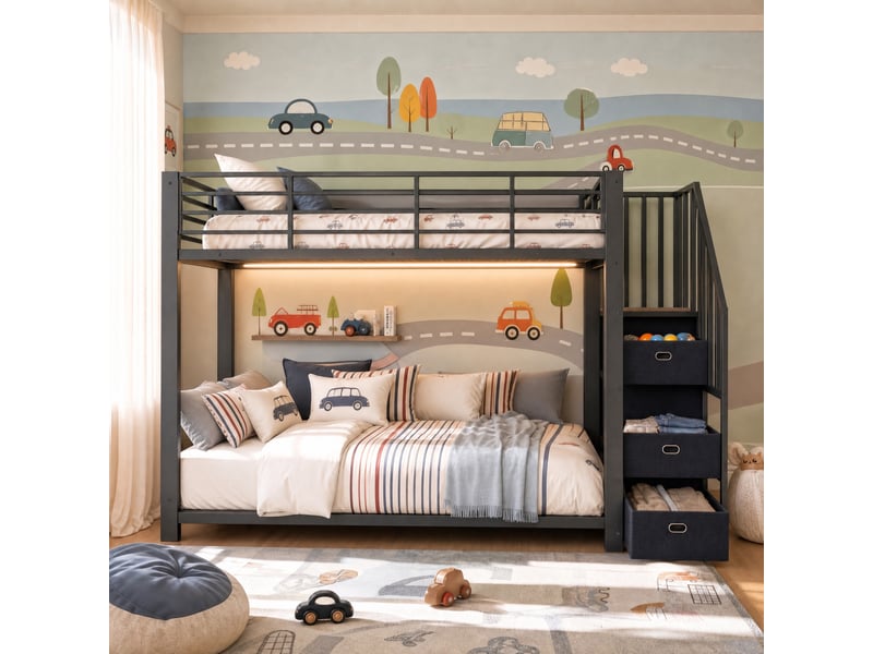  Lit superposé 90x200 cm avec escalier réversible, rangements intégrés, éclairage led et prises usb, structure métal, noir OMNIGLINT TRADING LTD - Conforama E