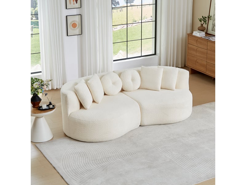  Canapé modulaire 2 éléments forme arrondie avec 6 coussins - lpospi - dossier continu chenille beige  - Conforama C