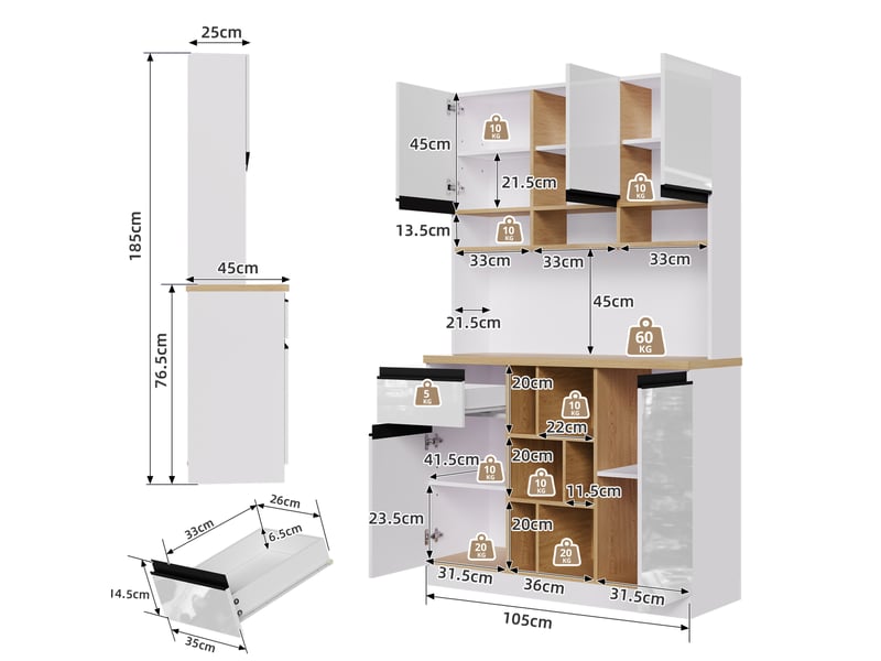 Buffet haut moderne 105 x 45 x 185 cm – blanc brillant – rangement modulable avec espace ouvert et tiroir - Conforama C