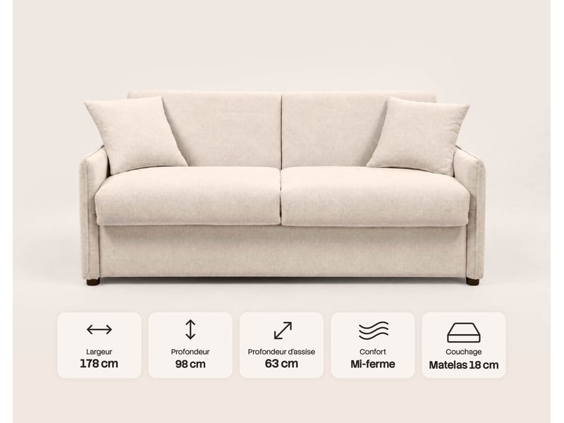  Adele - canapé lit 3 places convertible express couchage quotidien 140x190 cm matelas 18 cm en tissu texturé - best mobilier - beige ADELE - Conforama E