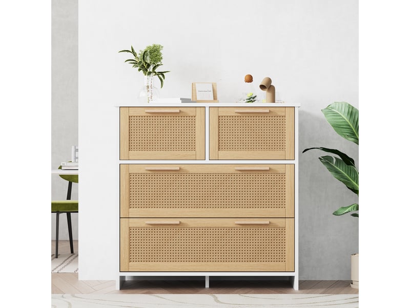Commode de chambre, 80x80x38 cm, meuble de rangement chiffonnier pour salon et entrée, 4 tiroirs en rotin naturel, naturel et blanc - Conforama B