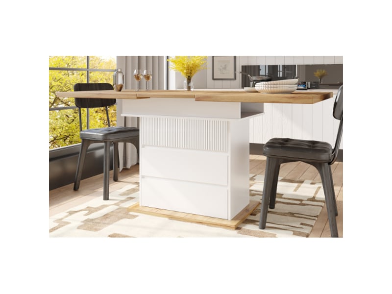  Table à manger 110-140 × 80 cm, table de cuisine pour 4 à 6 personnes, avec trois niveaux de rangement, blanc  - Conforama B