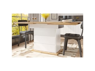 Table à manger 110-140 × 80 cm, table de cuisine pour 4 à 6 personnes, avec trois niveaux de rangement, blanc