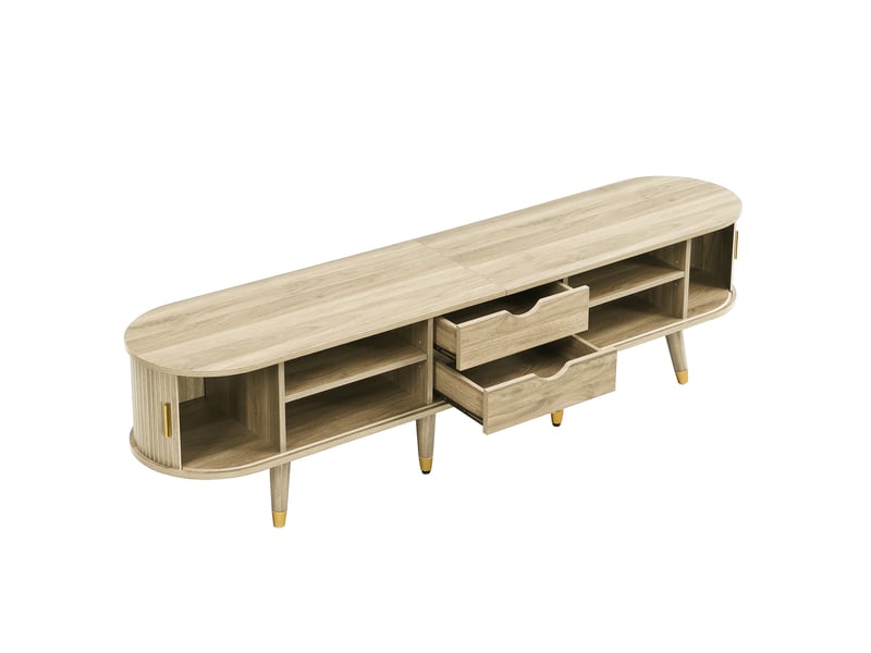  Meuble tv avec portes coulissantes 175 cm, banc tv couleur chêne avec pieds dorés, style rustique et naturel pour salon  - Conforama W