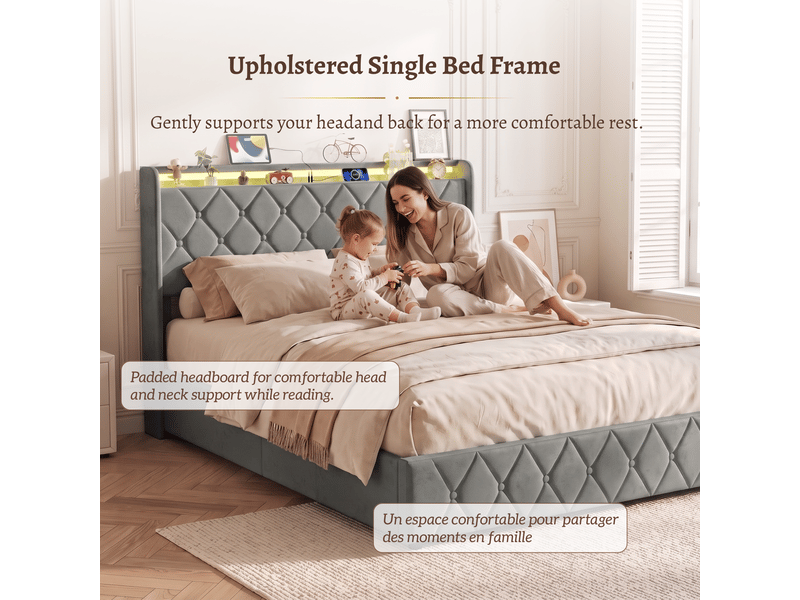 Lit coffre 160x200 cm, lit double rembourré en velours - cadre de lit avec rangement - ports usb et type-c - bandeau led multicolores, lit 2 places capitonné, velours gris - Conforama D