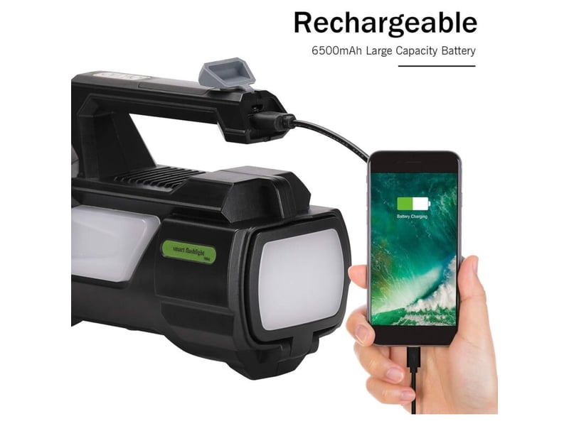 Lampe torche led rechargeable1200lm 6500mah, puissante 4 modes d’éclairage, lampe de poche (inclus câble usb) - Conforama E