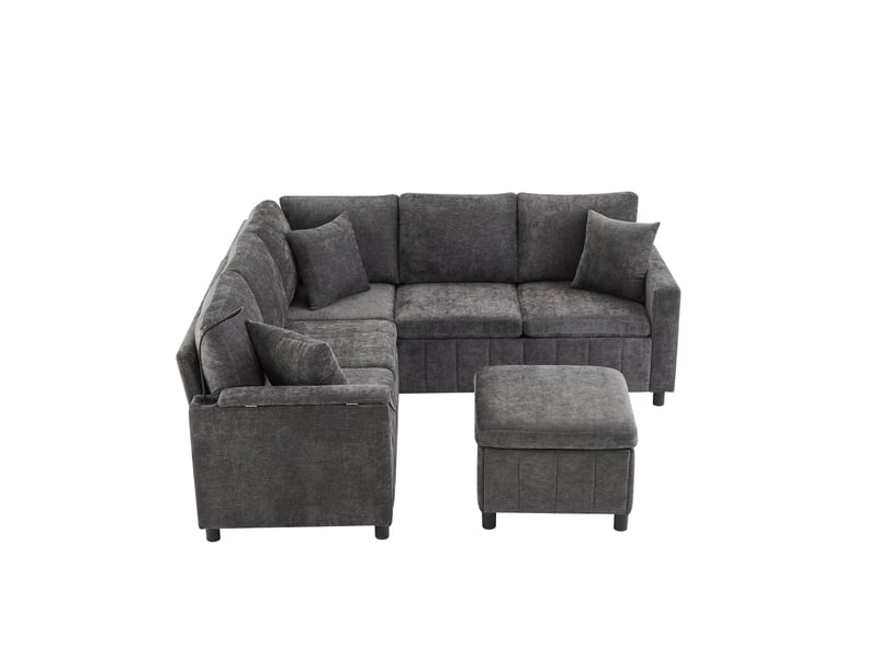  Canapé d'angle lora gris en chenille convertible avec pouf, lampe, usbtype-c et table cachée  - Conforama A