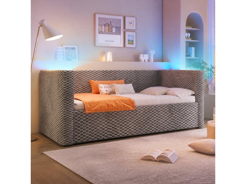  Lit simple 90x200 cm avec rangement hydraulique et led multicolore en velours et mdf gris  - Conforama B