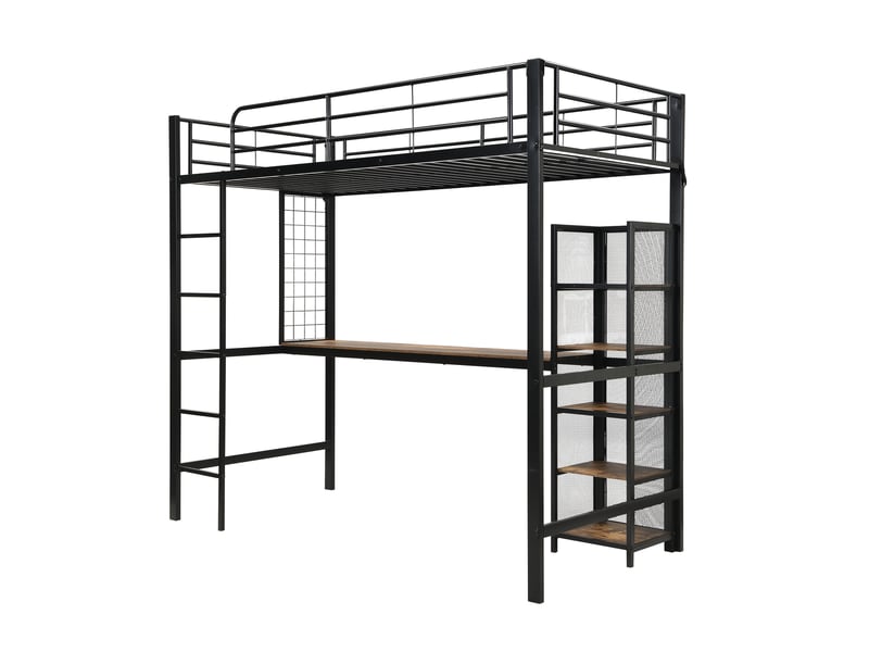 Lit mezzanine 90x200 cm avec bureau et étagères, noir et bois foncé  - Conforama D