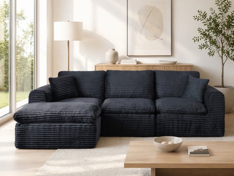 Canapé d'angle modulable ,3 places,avec coussins,velours côtelé,280x180x65,blue - Conforama B