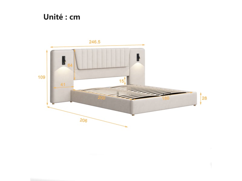  Lit coffre 180x200 cm - lit double avec lampe de lecture et port usb, sans matelas, en velours beige  - Conforama C