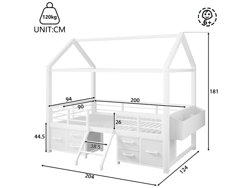 Lit mezzanine enfant 90x200 cm avec toit, 6 tiroirs et éclairage, pour chambre, en métal et mdf, blanc, sans matelas - Conforama C