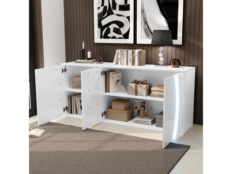  Buffet 150x40x70 cm avec 3 portes éclairage led, sideboard moderne haute brillance avec grand rangement pour salon salle à manger, bois, blanc Seren Glow - Conforama D