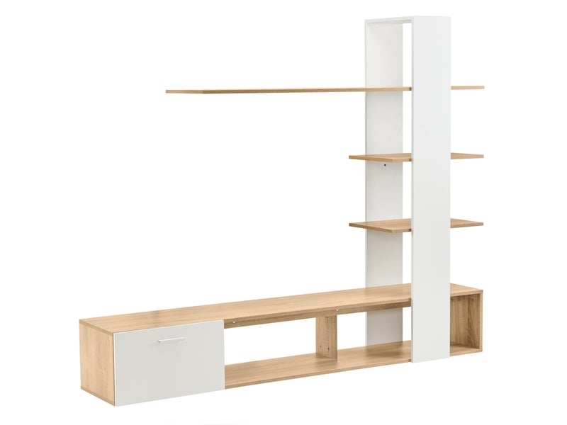  Meuble tv mural 180x33,5x151,5 cm blanc et effet bois, pour tv jusqu'à 60  - Conforama W