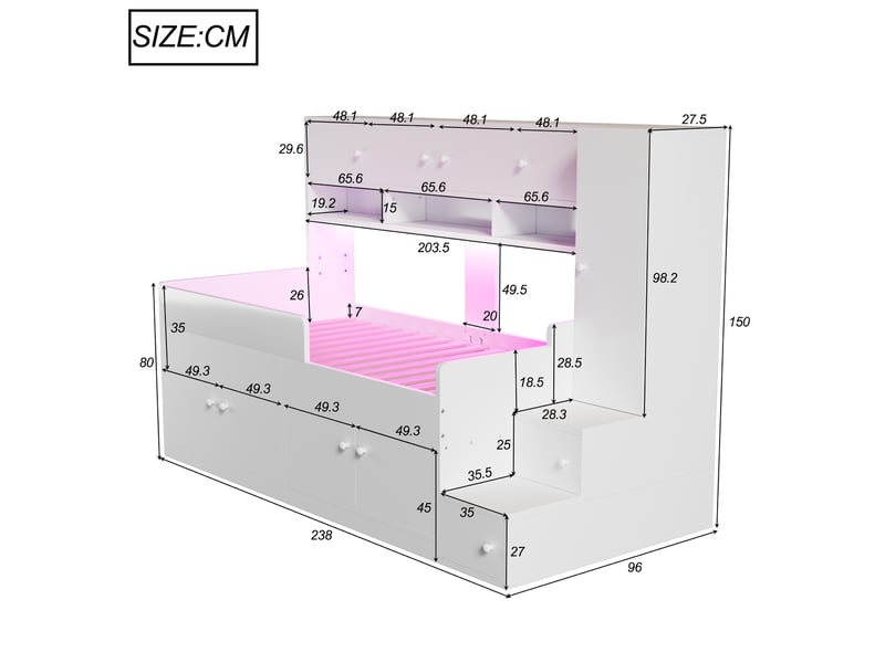  Lit mezzanine enfant 90x200 en bois, armoire et rangement, étagères multiples, éclairage led,blanc  - Conforama D