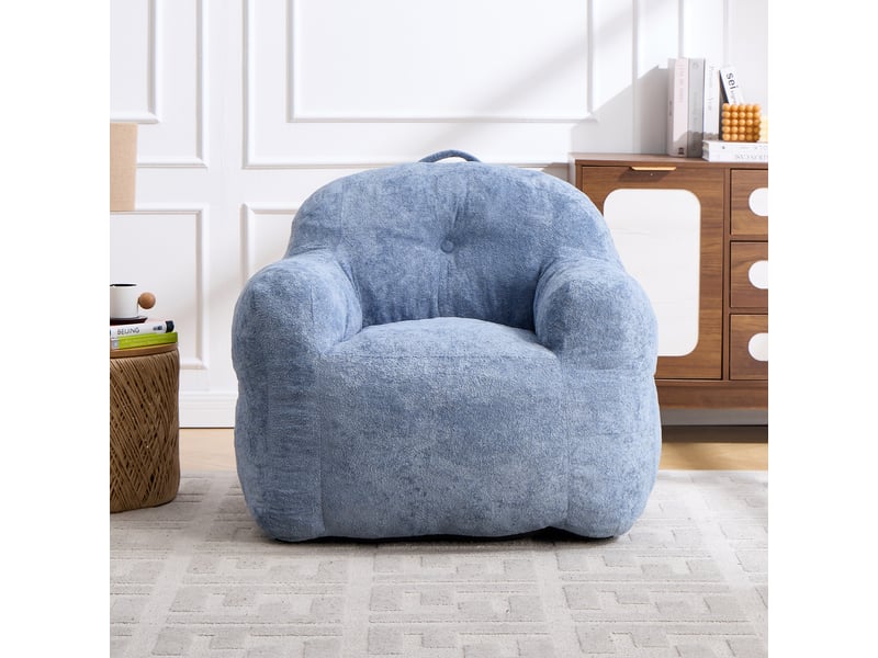  Pouf en fausse fourrure avec accoudoirs, sans assemblage, salon chambre lecture, bleu  - Conforama C