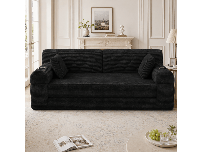  Canapé convertible 3 places avec dossier haut, porte-gobelets et poches latérales en velours côtelé noir  - Conforama D