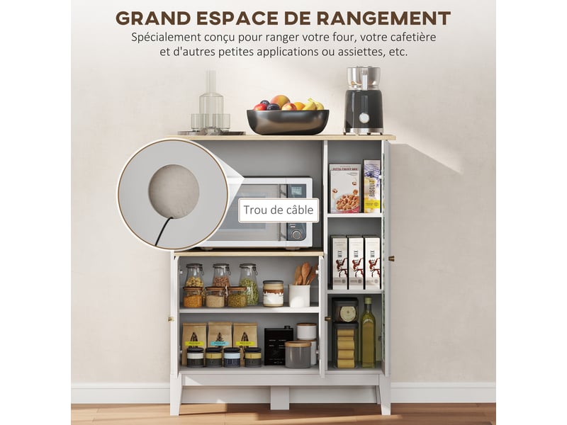  Meuble armoire micro-ondes pour cuisine avec 1 niche, 3 passe-câbles portes 80 x 35 x 97 cm blanc et aspect bois  - Conforama A