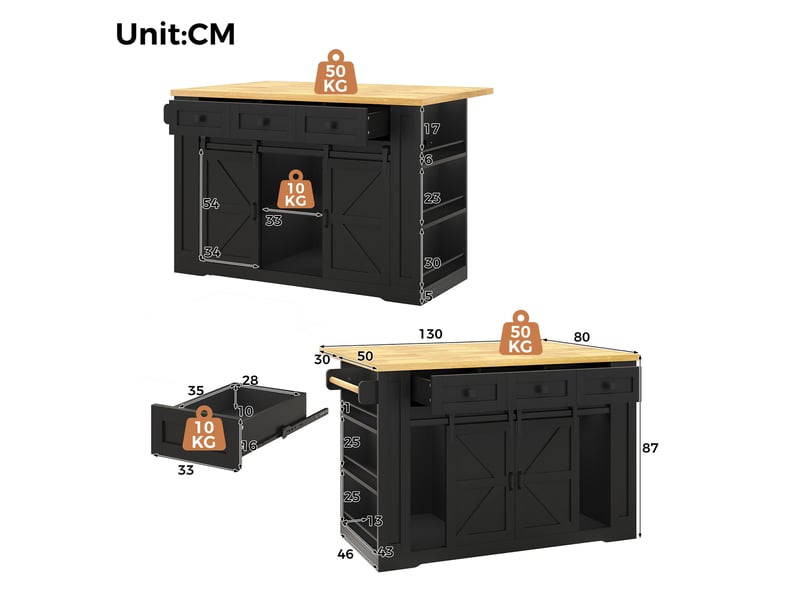 Desserte de cuisine avec 3 tiroirs, plan rabattable, prises usb, roulettes, en mdf naturel, 130 × 50(80) × 87 cm - Conforama D