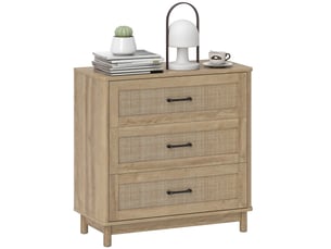 Commode en rotin à 3 tiroirs, meuble de rangement, pieds en bois massif, style bohème, 76 x 35 x 76 cm, chêne