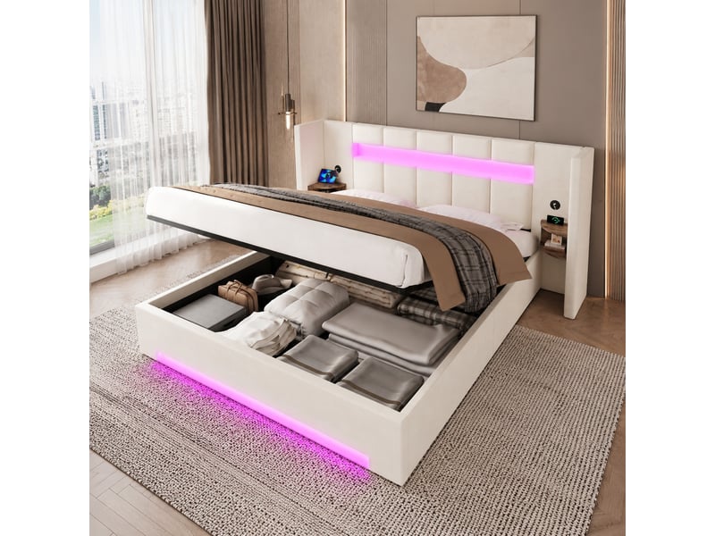  Cadre de lit 160 x 200 cm beige en velours avec rangement hydraulique, led et ports usb  - Conforama B