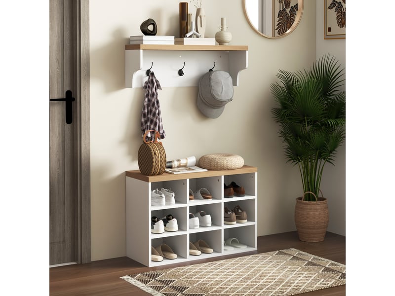  Meuble d'entrée avec porte-manteau et banc à chaussures, comprenant 3 crochets et des étagères pour 9 paires de chaussures, blanc.  - Conforama D