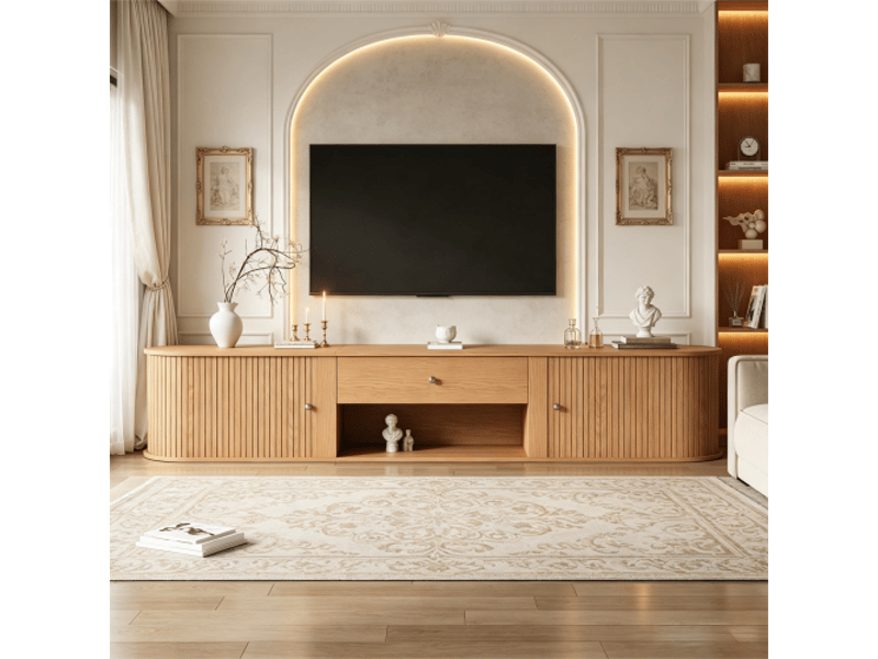  Console tv ronde bois clair – 2 portes et tiroir, meuble tv jusqu'à 75'' (180x40x40 cm) salon ou salle à manger  - Conforama B