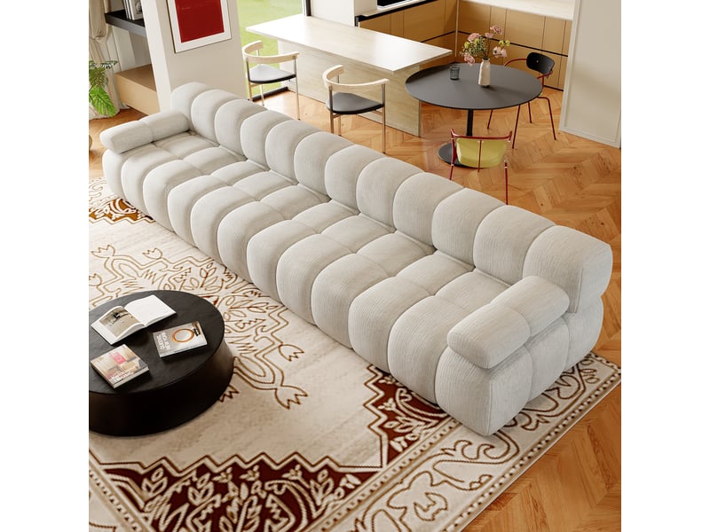Canapé compressé 4 places 400x100x68 cm sans structure, sans montage, mousse haute résilience, assise profonde, tissu chenille blanc - Conforama C