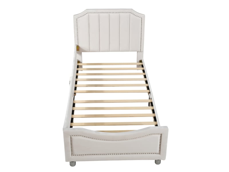  Lit enfant 90x200cm, polsterbett en flanelle, canapé-lit, dossier et accoudoirs, sécurité et confort, cadre solide, beige  - Conforama A
