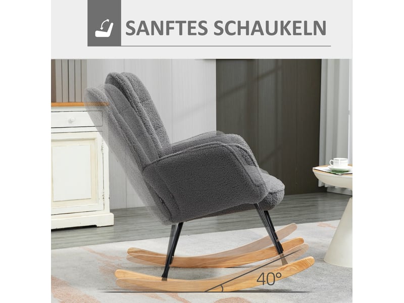  Fauteuil à bascule en polyester avec dossier haut et accoudoirs, structure en bois et métal, gris foncé  - Conforama E