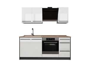 Vicco cuisine, blanc haute brillanceanthracite, 180cm plan de travail chêne doré