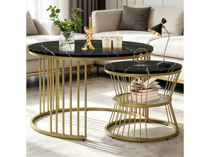  Ensemble de deux tables basses – table basse de salon – table basse – texture marbre noir – piètement doré – design luxueux et discret  - Conforama B