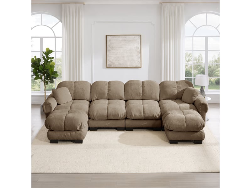 Canapé modulable 4 places 330 cm canapé droit en tissu chenille avec 2 pouf mobile, design matelassé, coussins épais, dossier ergonomique, burn Seren Glow - Conforama D