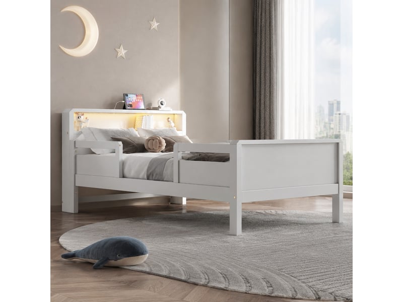  Lit enfant tcqpz 90 x 200 cm avec tête de lit avec rangement, led, prise usb et usb-c, pin massif, blanc  - Conforama B
