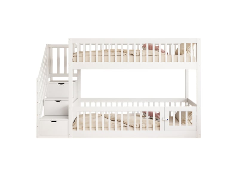  Lit superposé enfant - dimensions 90x200 cm - bois massif - blanc - escalier avec tiroirs intégrés - grille de sécurité 253x91x130cm - Conforama A