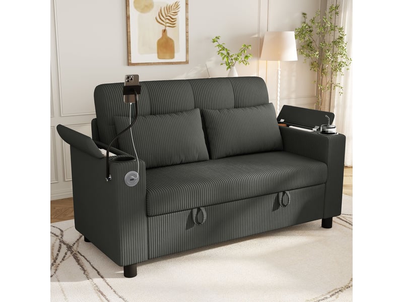  Canapé 2 places 136 cm avec rangement intégré-usb et type-c-porte-gobelets et support téléphone-en velours côtelé-gris  - Conforama B