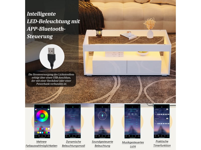 Table basse led blanche 100x50 cm - verre trempé, double niveau, 2 tiroirs, finition brillante, design moderne - Conforama E