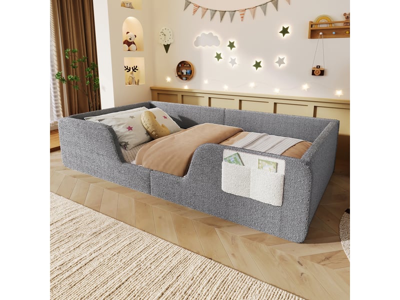  Lit rembourré pour enfant 90 x 190 cm – avec barrière de sécurité amovible – poche de rangement en tissu – revêtement en velours – gris (matelas non inclus)  - Conforama E