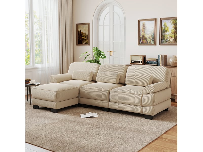  Canapé modulable 3 places en l 265x161x94 cm avec pouf velours côtelé beige  - Conforama B