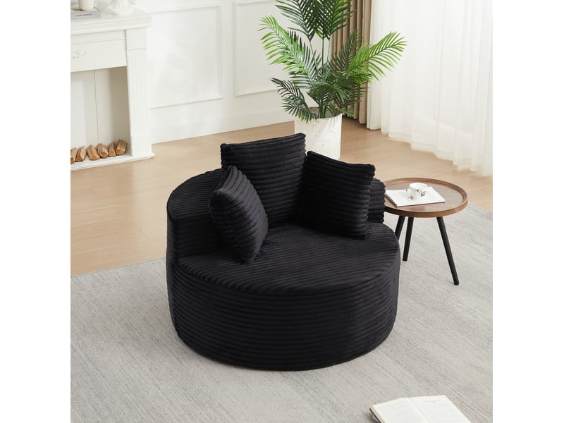  Fauteuil rond modenvie en velours côtelé noir 110 x 110 x 82 cm avec 3 coussins  - Conforama B