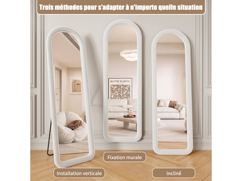 Miroir sur pied 160x50 cm blanc,miroir décoratif ,grand miroir mural avec cadre en flanelle,verre trempé,arqué - Conforama W
